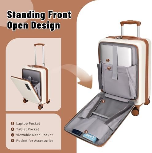 20 inch Small Carry On Luggage Front Open with Laptop Pocket, ABS+PC Hard Shell Suitcase with Spinner Wheels TSA Lock & YKK Zipper, 20in/Toiletry Bag/Handbag, Apricot Off White - Image 4