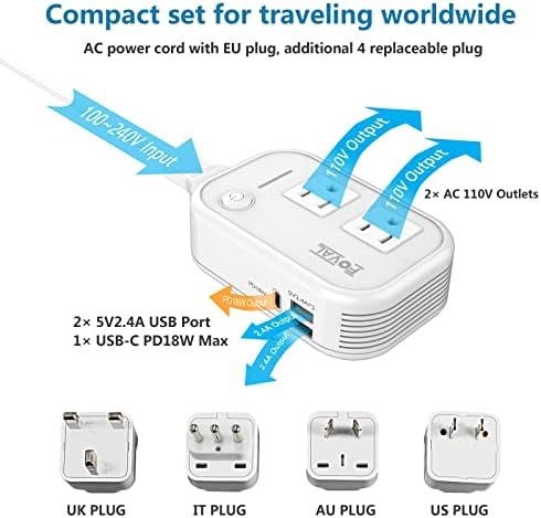 220V to 110V Converter Travel Adapter, FOVAL International Step Down Power Converter for Hair Straightener/Curler with 18W USB-C Port Voltage Converter US to Europe Italy UK AU China Plug (White) - Image 3
