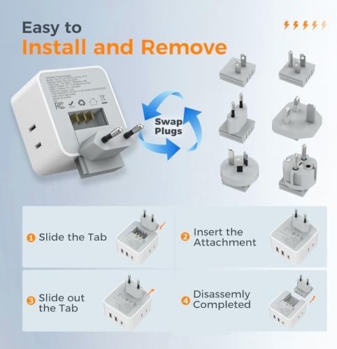 TESSAN Universal Travel Adapter Kit, 6-in-1 International Power Adapter with 3 USB (1 USB C) and 3 AC Outlets, Wordwide Adaptor Supports Type C, G, E/F, I, A, B for US EU UK Australia Japan, Grey - Image 5