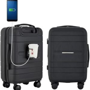 French Connection St. Martin Carry-On Luggage with Cup Holder/USB Ports, Black