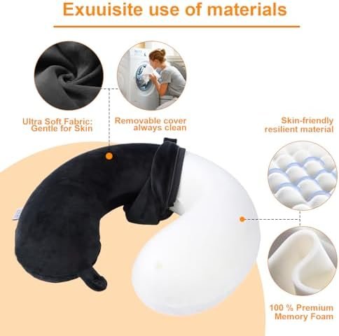 Travel Pillow,100% Pure Memory Foam U Shaped Neck Pillow,Super Lightweight Portable Headrest Great for Airplane Chair, Car,Home,Office,Sleeping Rest Cushion (Black) - Image 4