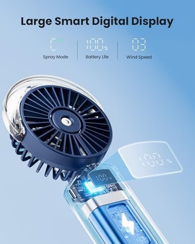 Gaiatop Portable Misting Fan, 180° Foldable Handheld, 3 Speeds USB Rechargeable, Spray Water Mist with LED Digital Display, Personal Cooling Mini Hand Fans for Travel, Concert, Outdoor, Navy Blue - Image 6
