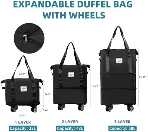 Finnhomy 50L Expandable Rolling Duffel Bag with Wheels Foldable Duffel Bag for Travel Carry on Bag with Wheels Luggage Travel bag Detachable Wheel Duffel Bag for Shopping Travel Outdoor, Black - Image 2