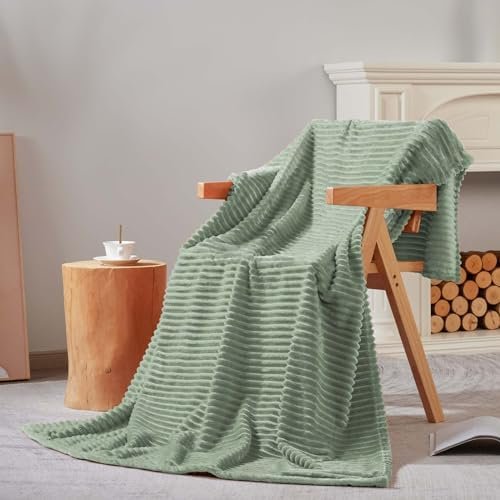 Bnuitland Sage Green Flannel Throw (50X70 inches) with Storage Pouch,300GSM Super Soft Fleece Stripe Pattern Sofa Blanket for Adults and Kids, Lightweight Cozy Bed Throw for Home Decor All Season - Image 3