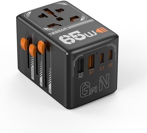 TESSAN Universal Travel Adapter, GaN 65W International Plug Adaptor with 4 USB(2 USB C) Charging Ports, Worldwide Power Outlet for US to European EU UK AUS Ireland(Type C/G/A/I)