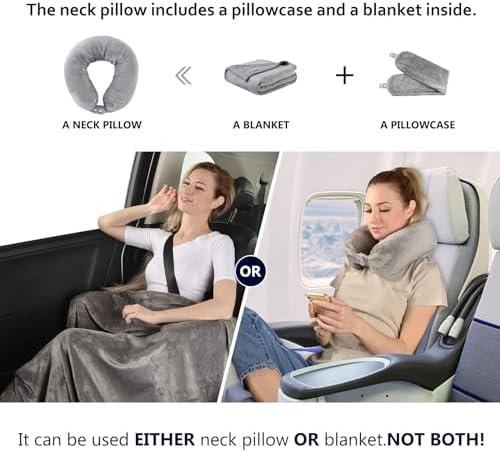 2 in 1 Travel Blanket, Soft Warm Blanket with Cozy Neck Pillow Case, Portable Blanket Set for Airplane, Camping, Car (Grey) - Image 2