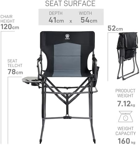 EVER ADVANCED Portable 30.7" Seat Height Tall Folding Camping Chair Directors Chair High Foldable Bar Stool with Side Table for Makeup Artist, Sports Event, Craft Show, Supports 350LBS Black Grey - Image 3