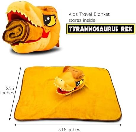 Jurassic World Dinosaur Head Armrest Buddy Stuffed Plush Traveling Toy with Blanket 13” - Kids Ultimate Travel Pillow Companion Set (T Rex) - Image 4