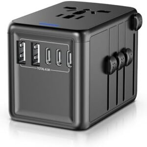 Universal Travel Adapter Offers 6.0A 3X 3.0A USB-C Ports, 2X 2.4A USB-A Ports and Multi AC Outlet, All-in-One International Power Plug Adaptor Worldwide Charger for EU US UK AU 200+ Countries