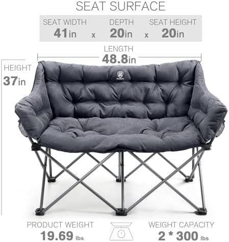 EVER ADVANCED Double Camping Chair for Adults, Padded Folding Camping Love Seat Bench with Side Pocket Portable Camping Couch, Two Person Heavy Duty Folding Outdoor Chair with Cushion,Support 600lbs - Image 3