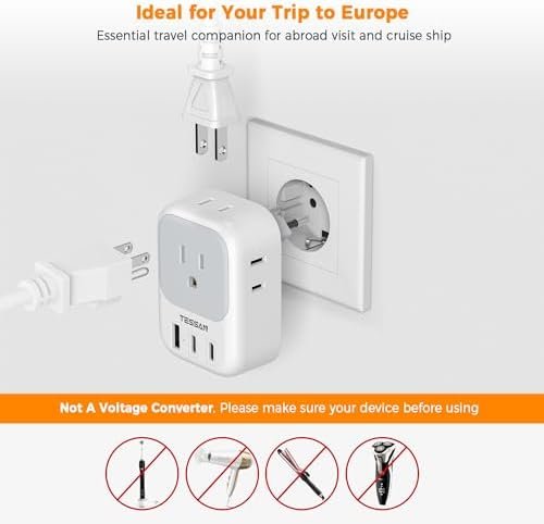 2 Pack European Travel Plug Adapter, TESSAN US to Europe Plug Adapter with 4 Electrical Outlets 3 USB Ports (2 USB C), Type C Power Adaptor for EU International Italy Iceland Spain France Germany - Image 6