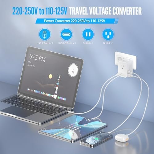 220V to 110V Voltage Converter US to Europe, European Travel Plug Adapter, PD 20W Quick Charging, 2 USB-A & 2 USB-C Port, Universal 1400W Power Converter Adapter Combo for Italy, Spain, France - Image 4