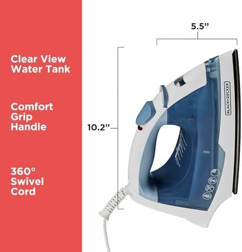 BLACK+DECKER Easy Steam Compact Iron for Clothes, Automatic Shutoff, Nonstick Plate, Light Weight, 1200 Watts - Image 8