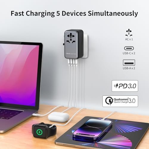 MOMAX Universal Travel Adapter, 100W Fast GaN International Power Adapter, 2PD USB-C+2QC USB-A Travel Adapter, US, UK, EU, AU Travel Adapter Worldwide for Laptops, Tablets, Phones, Vision Pro - Image 4