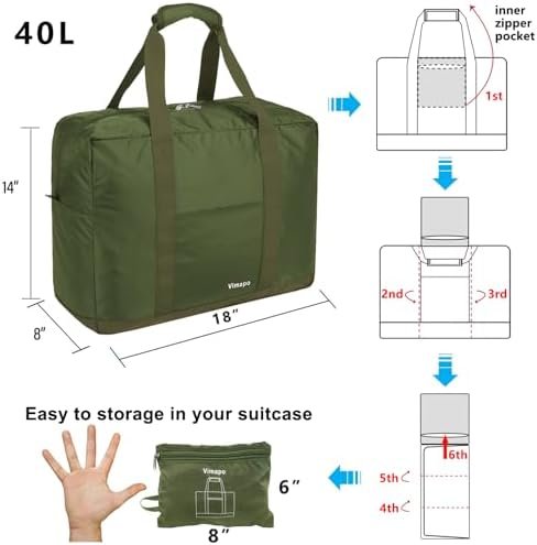 Foldable Travel Duffle Bag with Trolley Sleeve 40L - 18x14x8 inches Airline Underseat Lightweight Travel Bag - Packable Ripstop Nylon Carry on Bag (Army Green) - Image 2