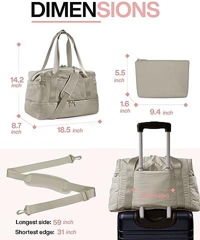 Weekender Bags for Women, BAGSMART Travel Duffel Bags with Shoe Compartment,Personal Item Travel Bag for Airlines, Carry on Overnight Tote Bag with Toiletry Bag(Beige,2pcs) - Image 5