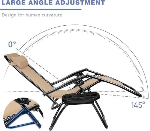 Homall Zero Gravity Chair Adjustable Folding Lawn Lounge Chairs Outdoor Lounge Gravity Chair Camp Reclining Lounge Chair with Pillows for Poolside Backyard and Beach Set of 2 (Cream-Coloured) - Image 4