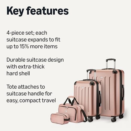 Amazon Basics 4-Piece Luggage Set, Including Two Hardside Suitcases With Multi-directional Spinner Wheels (22" Carry-On and 28" Checked), 15" Tote Bag and 10" Compact Travel Bag, Rose Gold - Image 2