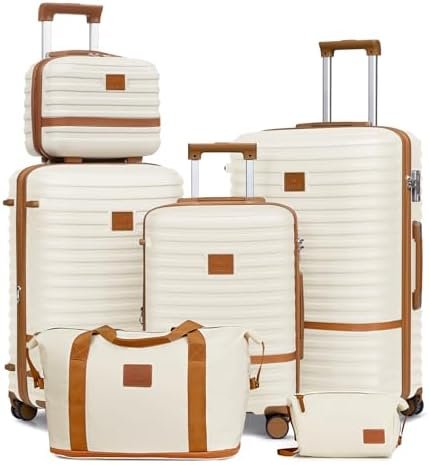 Joyway Luggage Set 3 Piece Suitcase Sets with Spinner Wheel,Hardside Expandable Travel Laggage with TSA Lock (13/20/24/28 White brown