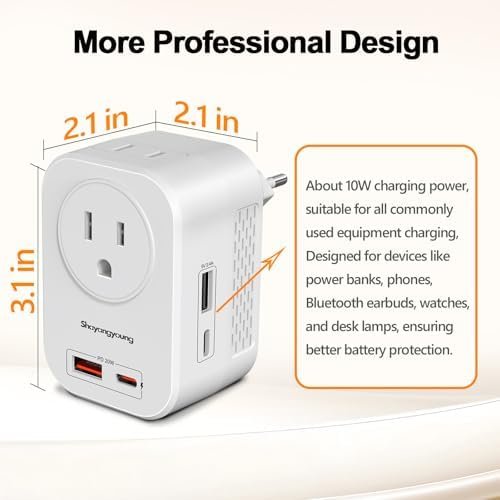 220V to 110V Voltage Converter US to Europe International Universal Travel Adapter, 20W PD With 2 USB-A 2 USB-C Port, Worldwide Power Converter Plug Combo US to Spain Italy Greece White-C - Image 6