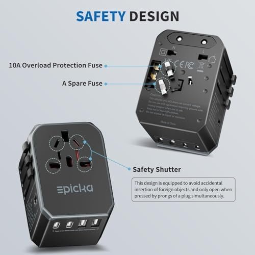 EPICKA Universal Travel Adapter, International Power Adapter with 2 USB-A & 3 USB-C Ports Wall Charger - Worldwide Travel Essentials, European Travel Plug Adapter for UK/US/AU (TA-105C, Black) - Image 5