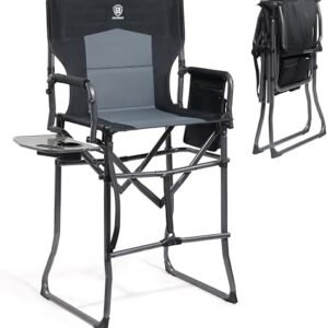 EVER ADVANCED Portable 30.7" Seat Height Tall Folding Camping Chair Directors Chair High Foldable Bar Stool with Side Table for Makeup Artist, Sports Event, Craft Show, Supports 350LBS Black Grey