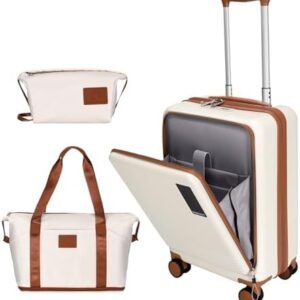 20 inch Small Carry On Luggage Front Open with Laptop Pocket, ABS+PC Hard Shell Suitcase with Spinner Wheels TSA Lock & YKK Zipper, 20in/Toiletry Bag/Handbag, Apricot Off White