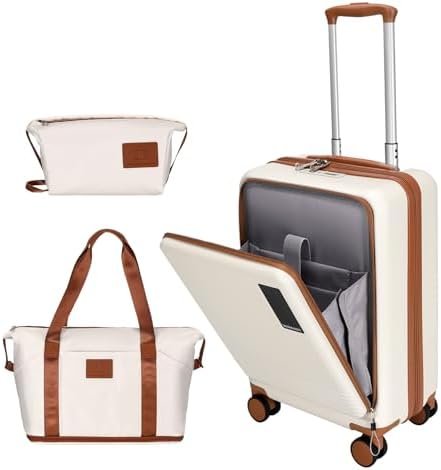20 inch Small Carry On Luggage Front Open with Laptop Pocket, ABS+PC Hard Shell Suitcase with Spinner Wheels TSA Lock & YKK Zipper, 20in/Toiletry Bag/Handbag, Apricot Off White