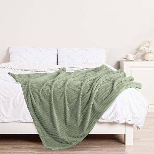 Bnuitland Sage Green Flannel Throw (50X70 inches) with Storage Pouch,300GSM Super Soft Fleece Stripe Pattern Sofa Blanket for Adults and Kids, Lightweight Cozy Bed Throw for Home Decor All Season - Image 4