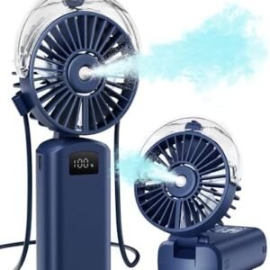 Gaiatop Portable Misting Fan, 180° Foldable Handheld, 3 Speeds USB Rechargeable, Spray Water Mist with LED Digital Display, Personal Cooling Mini Hand Fans for Travel, Concert, Outdoor, Navy Blue