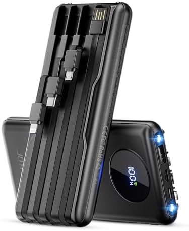Portable-Charger-Power-Bank Travel Essentials Battery Pack USB C 10000mAh Built in Cable 22.5W Phone Fast Charging Powerbank Compatible with iPhone 16 15 14 13 12 11 iPad Samsung Google (Black)
