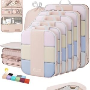 OlarHike 10 Set Compression Packing Cubes for Travel Women Mom,Luggage Clothes Storage Gifts for Travelers,Airplane/Cruise/Car/Train Travel Essentials,Compressible Expandable Saver Space Bags(Beige)