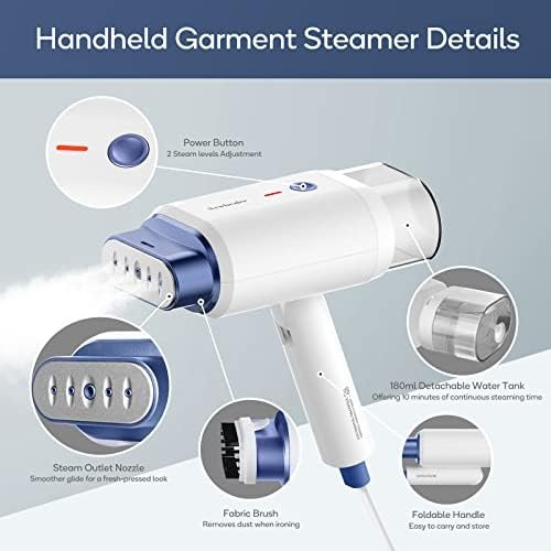 Newbealer Steamer for Clothes, 1200W Travel Steamer with Horizontal & Vertical Steaming, 2 Steam Levels, Dry Ironing, Foldable, 1.5lbs Lightly, 180ml Handheld Fabric Wrinkle Remover (120V Only) - Image 2