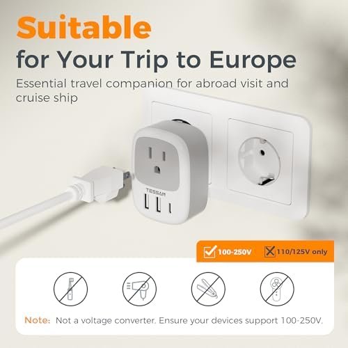 2 Pack European Travel Plug Adapter, TESSAN US to Europe Plug Adapter with 3 USB Ports (1 USB C), Type C Power Outlet for EU International Italy Iceland Spain France Germany - Image 5