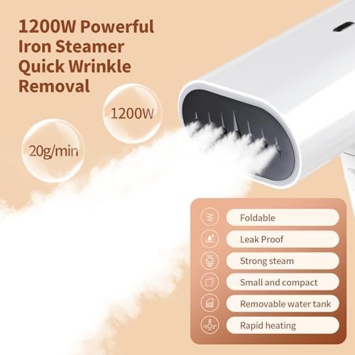 Portable Steamer for Clothes, Handheld Travel Steamer Foldable with Horizontal & Vertical Steaming, 20-Second Fast Heat-Up,180ml Water Tank,Wet/Dry Ironing,1200W Garment Wrinkle Remover - Image 3