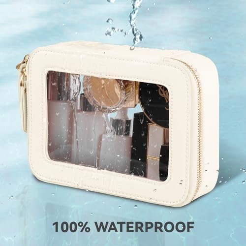 Prite Clear Makeup Bag Cosmetic Organizer Case Waterproof Travel Toiletry Bag Skincare Pouch with Golden Zipper(Beige) - Image 5
