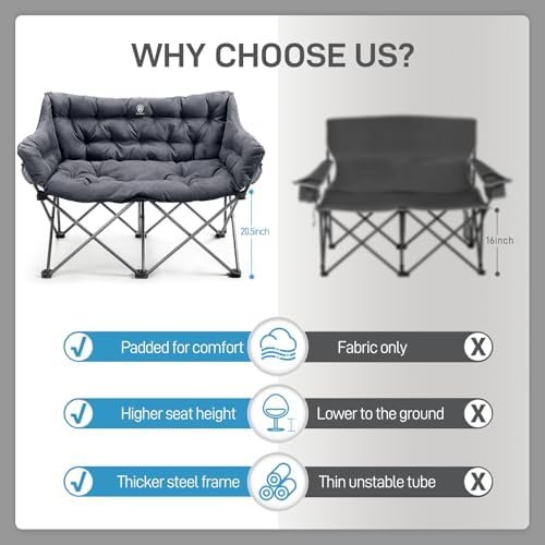 EVER ADVANCED Double Camping Chair for Adults, Padded Folding Camping Love Seat Bench with Side Pocket Portable Camping Couch, Two Person Heavy Duty Folding Outdoor Chair with Cushion,Support 600lbs - Image 6