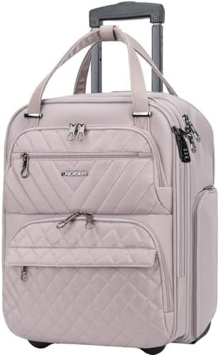 KROSER Carry On Underseat Multi-functional, 16-inch Underseater Lightweight Overnight Suitcase for Women, Dusty Pink