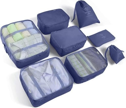 8 Set Packing Cubes for Suitcases Travel Luggage Packing Organizers,Travel Essentials Accessories Luggage Organizer with Shoe Bag Tioletry/Laundry Bag（Dark Blue）