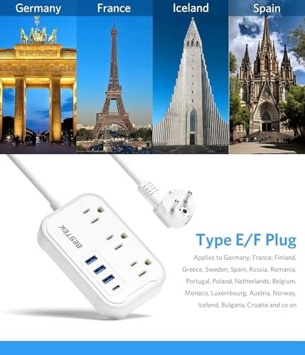 European Travel Plug Adapter - US to Europe Plug Adapter with 3 AC Outlets and 4 USB(1 PD20W) Type E/F - International Travel Adapter for USA to Germany France Iceland Spain, 2.6ft - Image 7