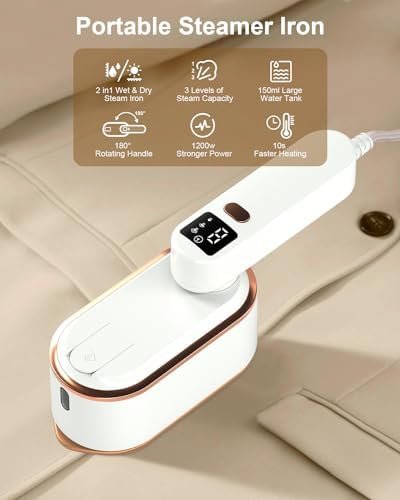 Travel Steamer Iron for Clothes - 1200W Handheld Size Portable Travel Steamer, 3 Steam Levels Clothes Steamer with LCD Screen, 10S Fast Heat-up Steamer for Dress Shirt Home Travel (White) - Image 2