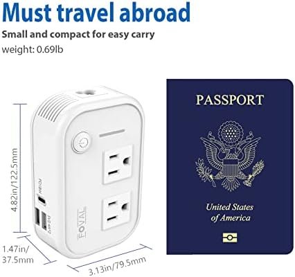 220V to 110V Converter Travel Adapter, FOVAL International Step Down Power Converter for Hair Straightener/Curler with 18W USB-C Port Voltage Converter US to Europe Italy UK AU China Plug (White) - Image 6
