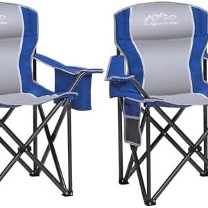 2PCS Folding Camping Chair, Heavy Duty Portable Lawn Chairs with Cooler Bag, Side Pocket & Cup Holder, Folding Chairs for Outside Support 450lbs Blue