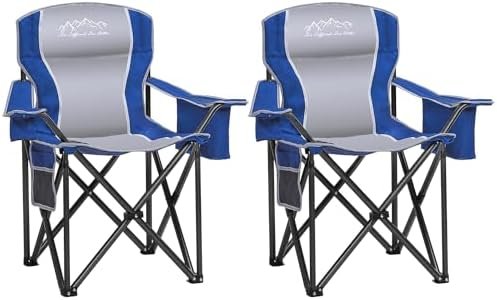 2PCS Folding Camping Chair, Heavy Duty Portable Lawn Chairs with Cooler Bag, Side Pocket & Cup Holder, Folding Chairs for Outside Support 450lbs Blue