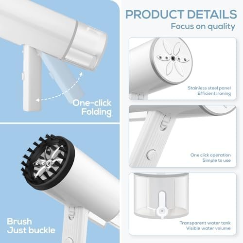 Travel Steamer - Handheld Steamer for Clothes, 2 in 1 Foldable Garment Steamer, Wrinkles Remover with Brush, Portable and Lighweight Steam Iron for Office, Home and Travel - Image 4