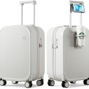 mixi Carry On Luggage with Cup Phone Holder Hard Shell Rolling Travel Suitcase with Spinner Wheels,20 Inch Smoke White