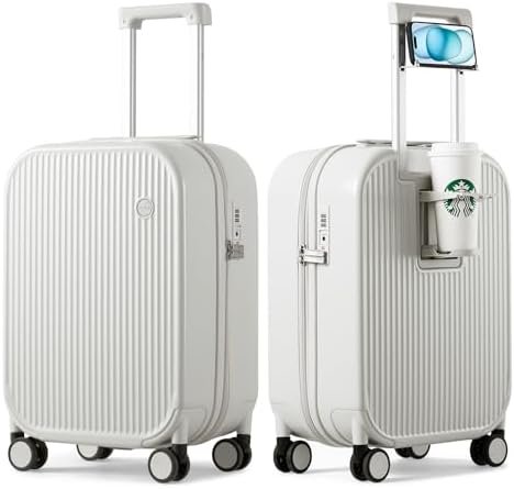 mixi Carry On Luggage with Cup Phone Holder Hard Shell Rolling Travel Suitcase with Spinner Wheels,20 Inch Smoke White