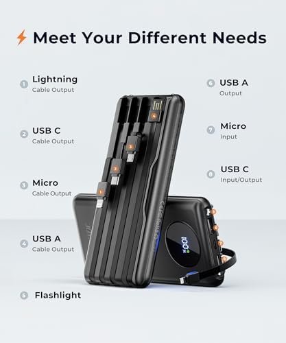 Portable-Charger-Power-Bank Travel Essentials Battery Pack USB C 10000mAh Built in Cable 22.5W Phone Fast Charging Powerbank Compatible with iPhone 16 15 14 13 12 11 iPad Samsung Google (Black) - Image 8
