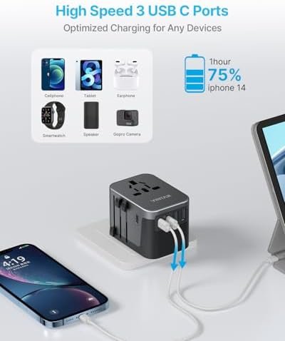 Universal Travel Adapter, VINTAR International Power Adapter with 6A 3 USB C and 2 USB Ports, All in One Travel Essentials Plug Adapter, Worldwide Outlet Converter for Europe UK USA AUS(Type C/G/A/I) - Image 7