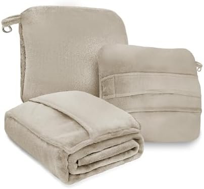 12BOTTLE 4 in 1 Travel Compact Blanket Pillow Super Soft Velvet with Luggage Sleeve and Backpack Clip, Tan, 60"W x 45"H by Cozy Throw Blanket for Home, Office, Travel by REGAL ESTATE